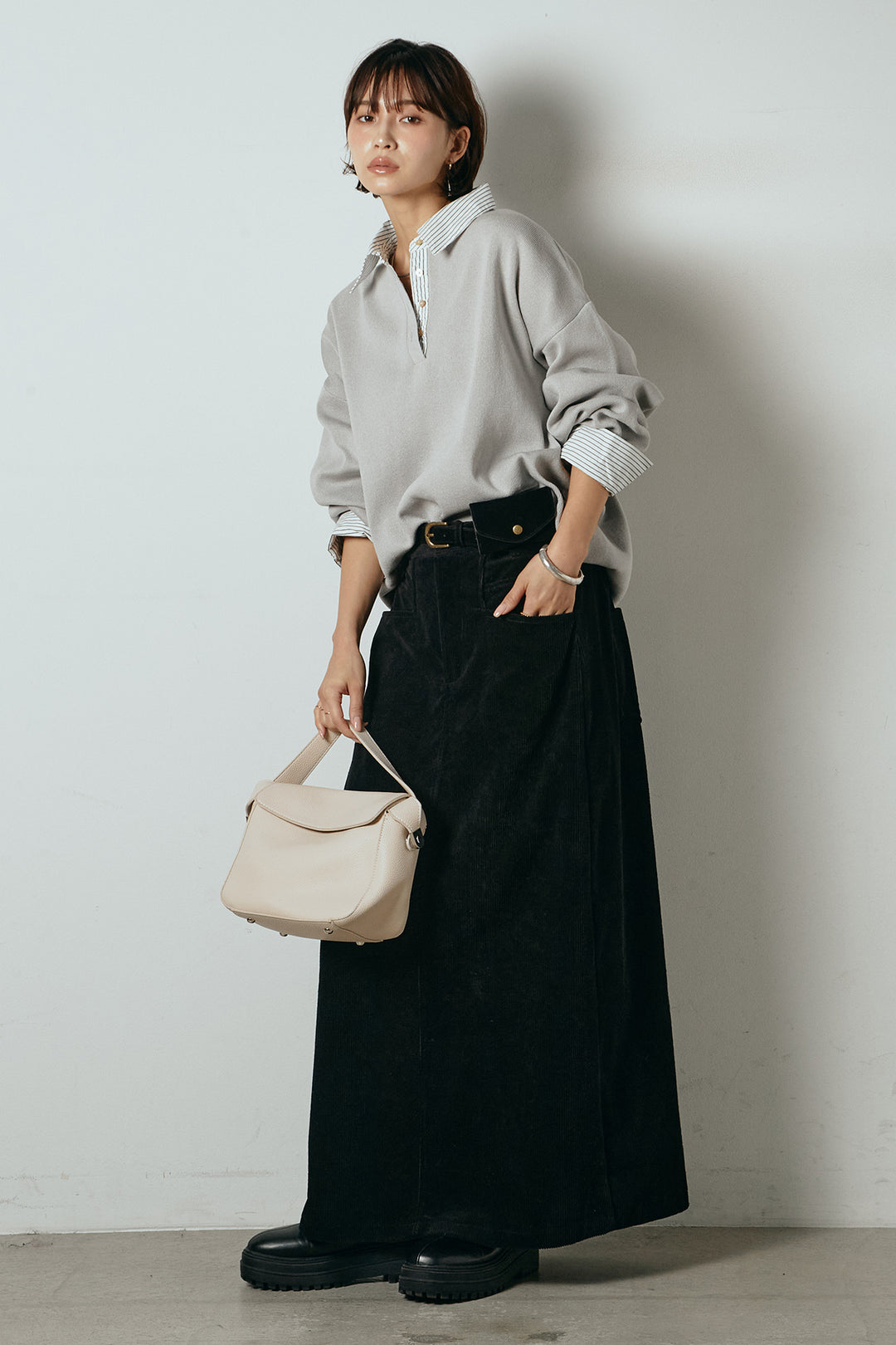 [SET]ストライプシャツドッキングポロトップス+ポーチベルト付きコーデュロイワイドスカート(2set)