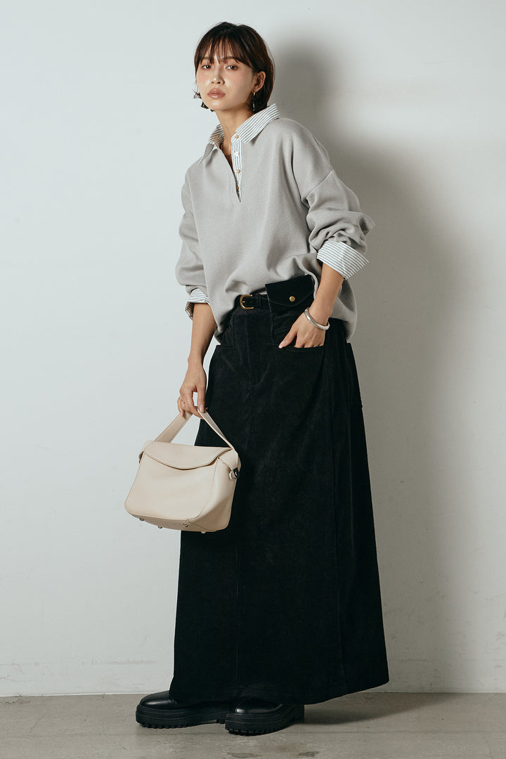 [SET]ストライプシャツドッキングポロトップス+ポーチベルト付きコーデュロイワイドスカート(2set)