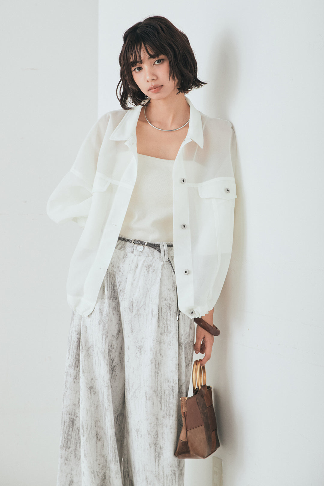 [SET]シアーダンボールサイドドロストジャケット+紐ベルト付きかすれ柄ワイドスラックス(2set)