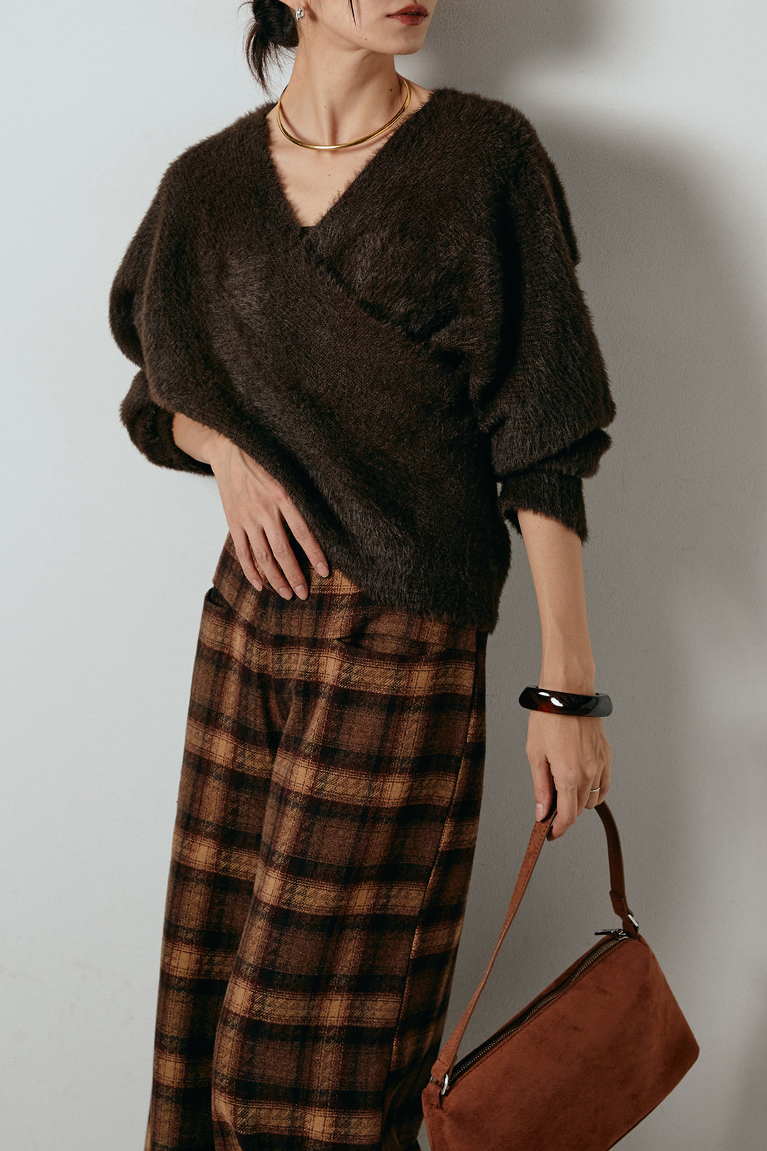 [SET]シャギーカシュクールニットトップス+ルーズタータンチェックワイドパンツ(2set)