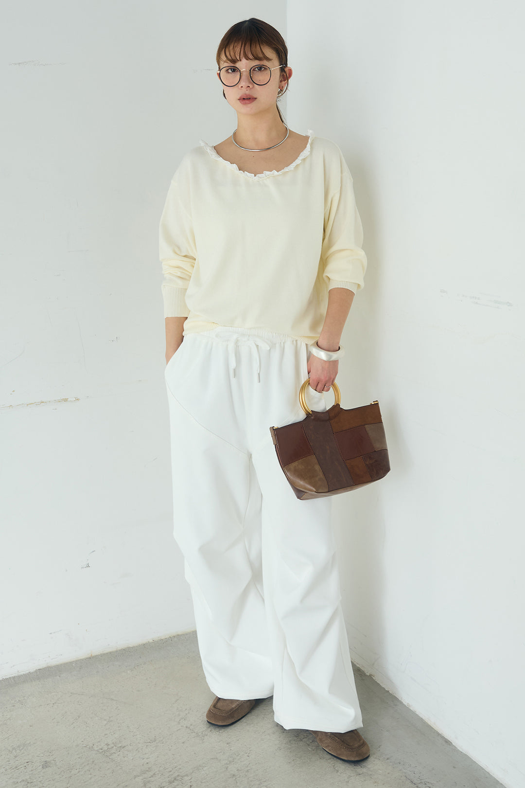 [SET]クールクール異素材コンビオフショルプルオーバー+ランダムタックデザインワイドパンツ(2set)