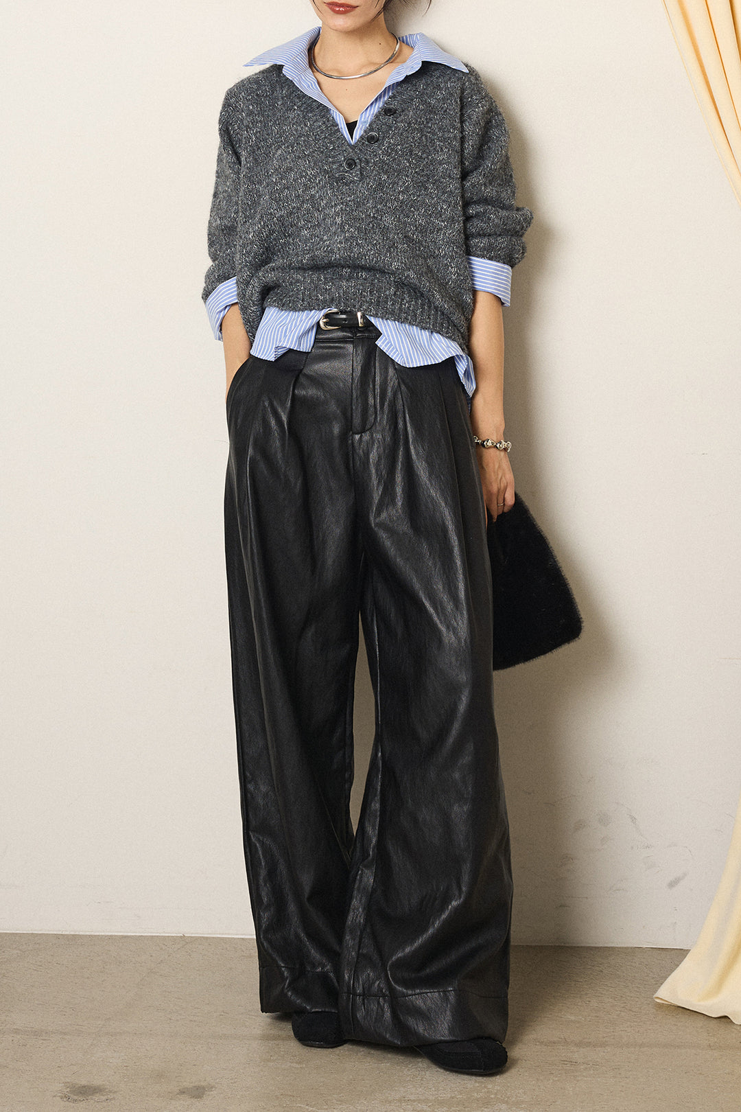 [SET]ストライプシャツドッキングニットポロトップス+ベルト付きレザーライクタックパンツ(2set)