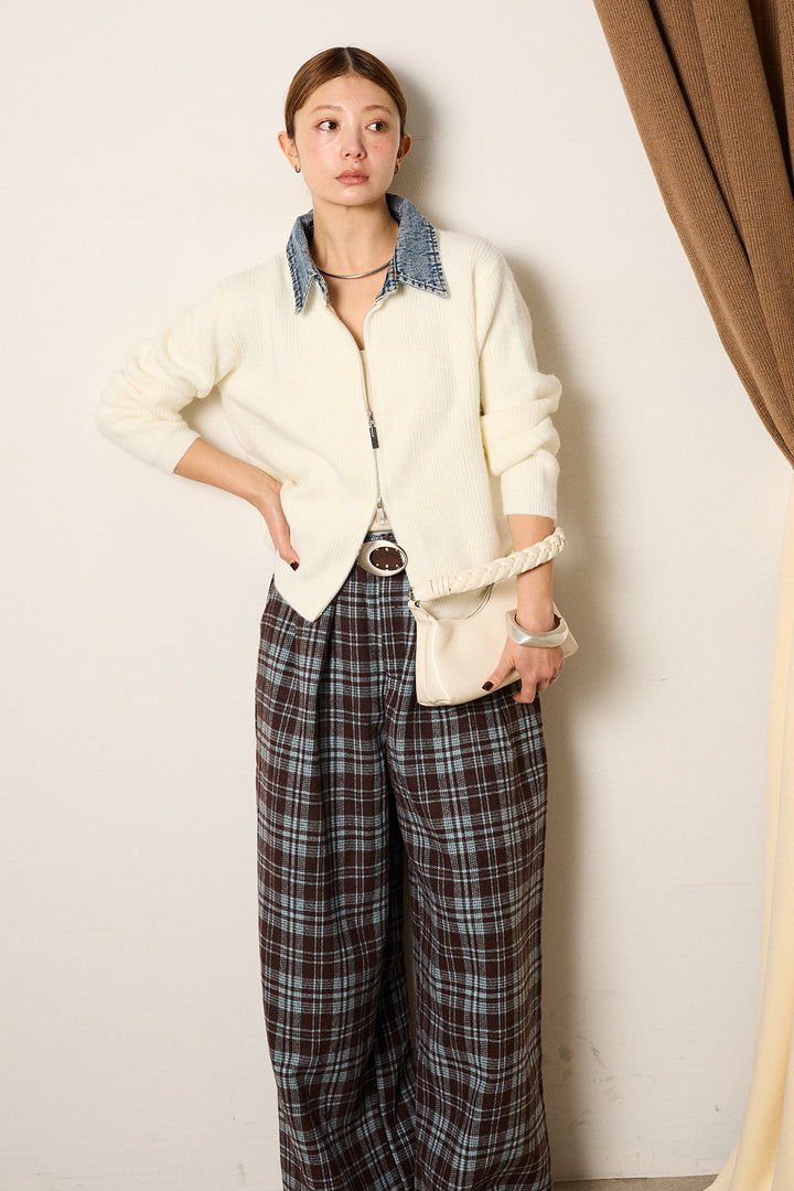 [SET]デニム襟ダブルジップニットトップス+スタッズデザインベルトタータンチェックパンツ(2set)