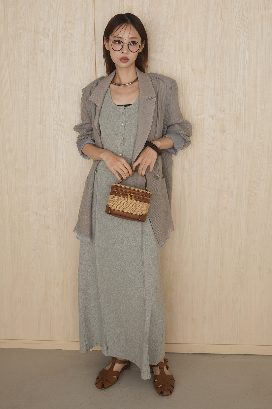 [SET]メッシュテーラードワイドジャケット+ノースリロングワンピース(2set)