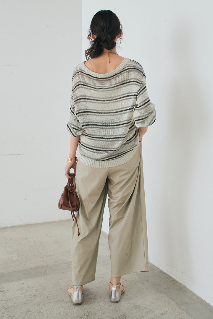 [SET]綿タッチVネックボーダートップス+ウォッシャブルエコレザータックパンツ(2set)