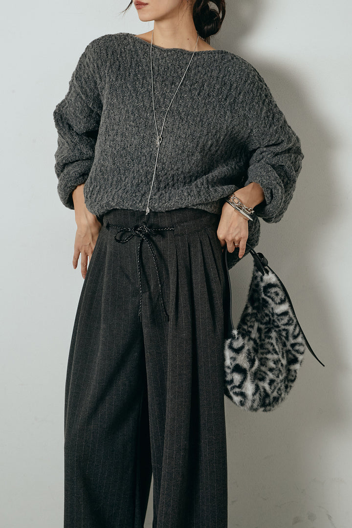 [SET]ボリューム編みニットプルオーバー+編みベルト付きピンストライプワイドパンツ(2set)