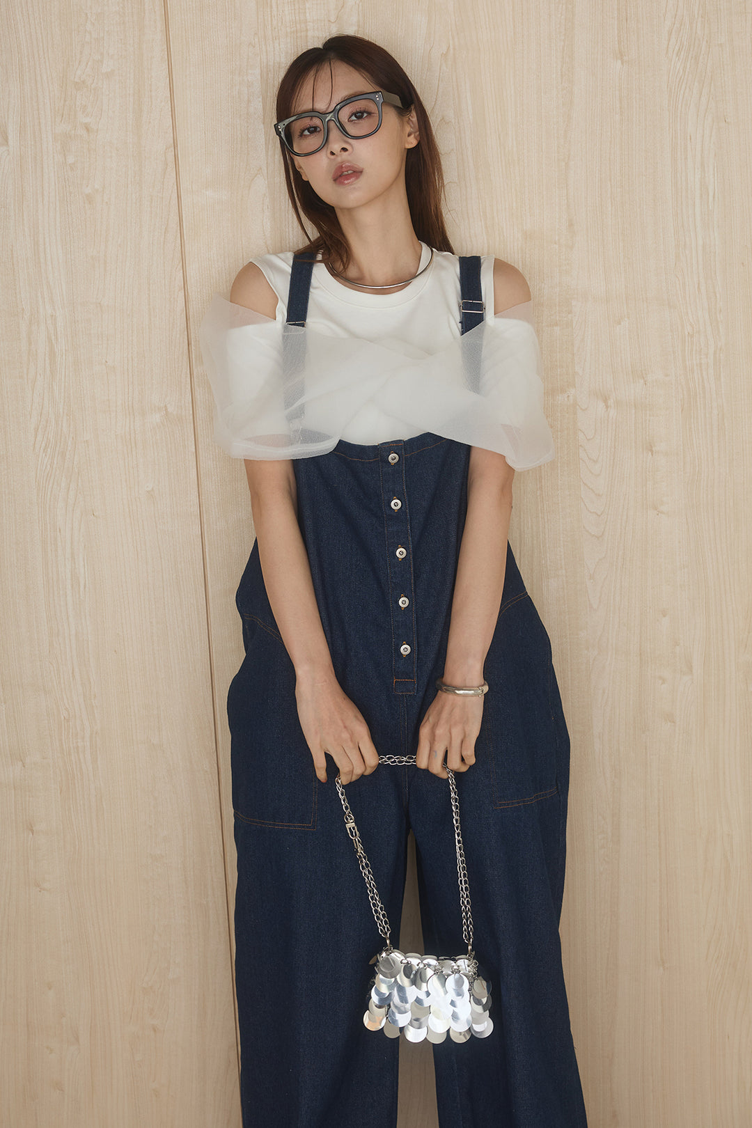 [SET]シアーレイヤーデザインカットソー+フロントボタンデニムサロペット(2set)