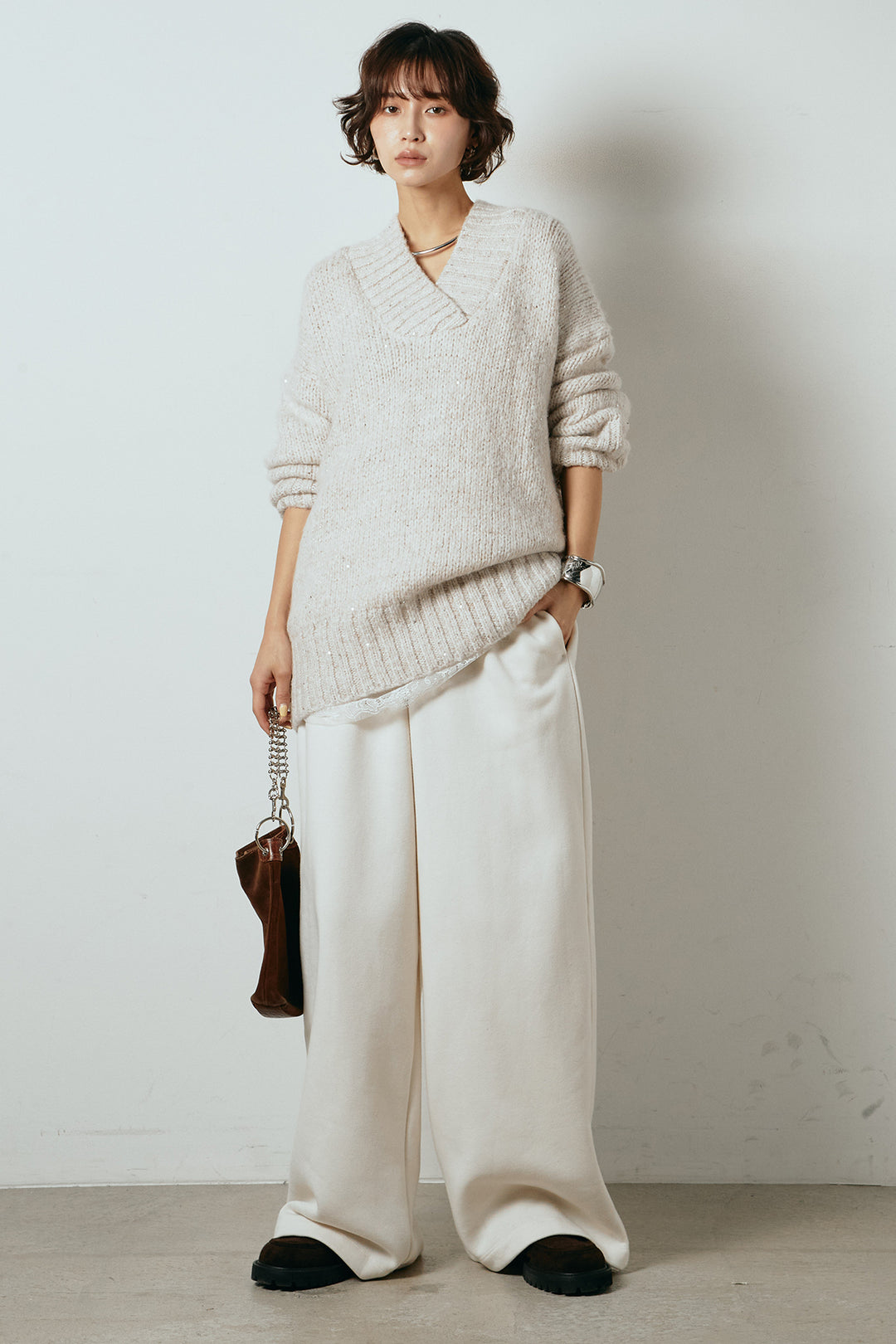 [SET]Vネックラメニットトップス+レース切り替えキャミソール(2set)