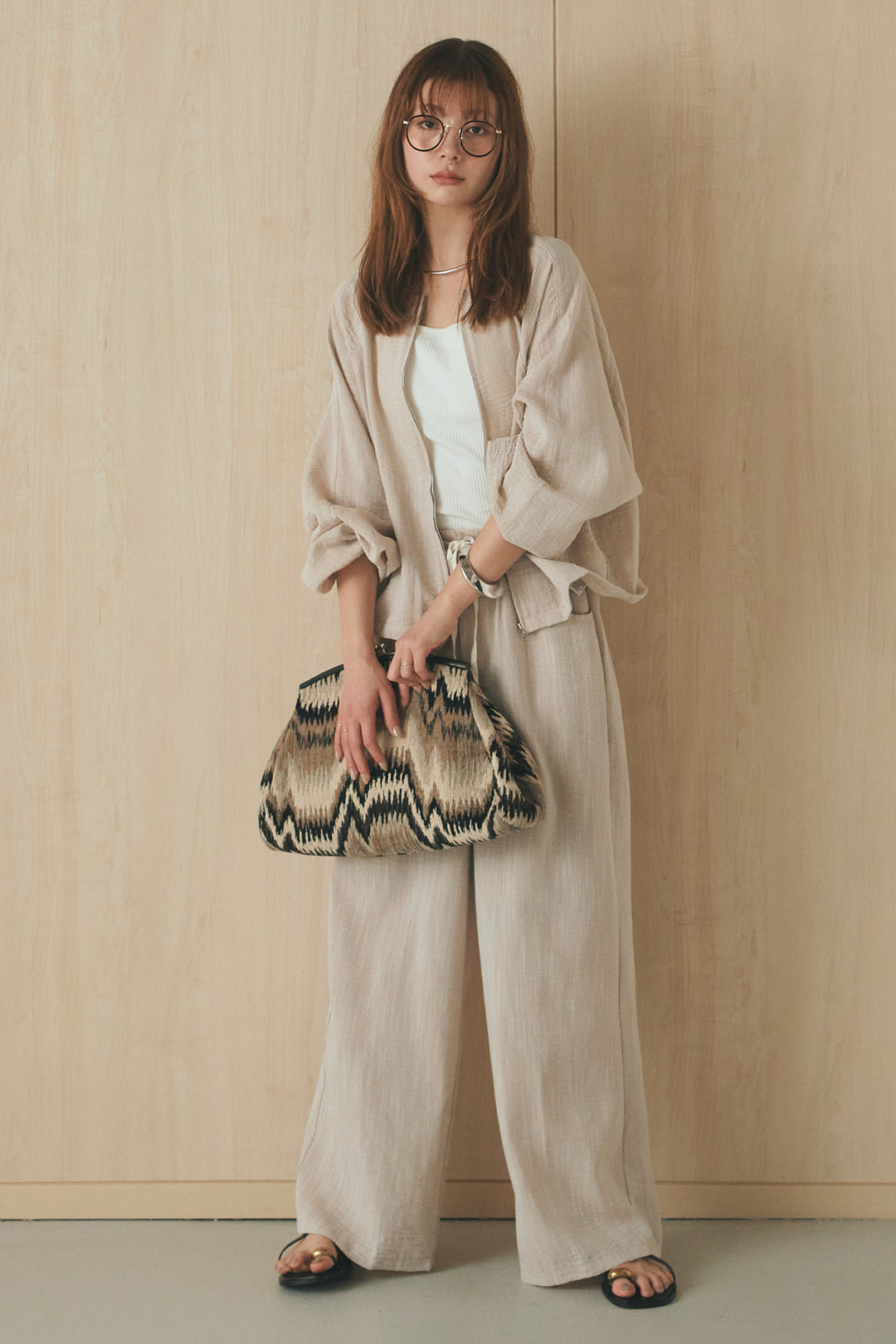 [SET]麻混ノーカラーブルゾン+麻混ウエストドロストパンツ(2set)