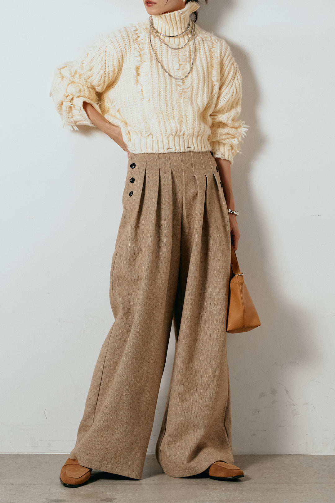 [SET]フリンジタートルショートニット+サイドボタンツイードタックパンツ(2set)