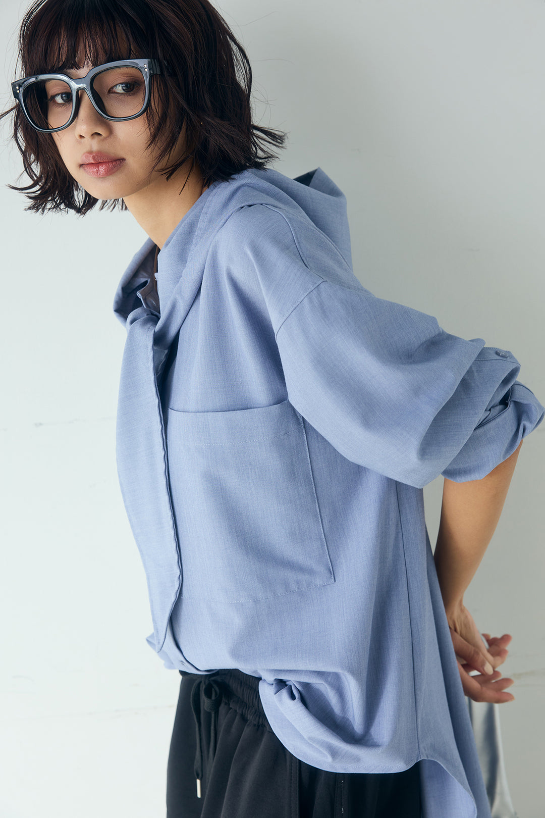 [SET]無地タイ付フーディーBIGシャツ+ランダムタックデザインワイドパンツ(2set)