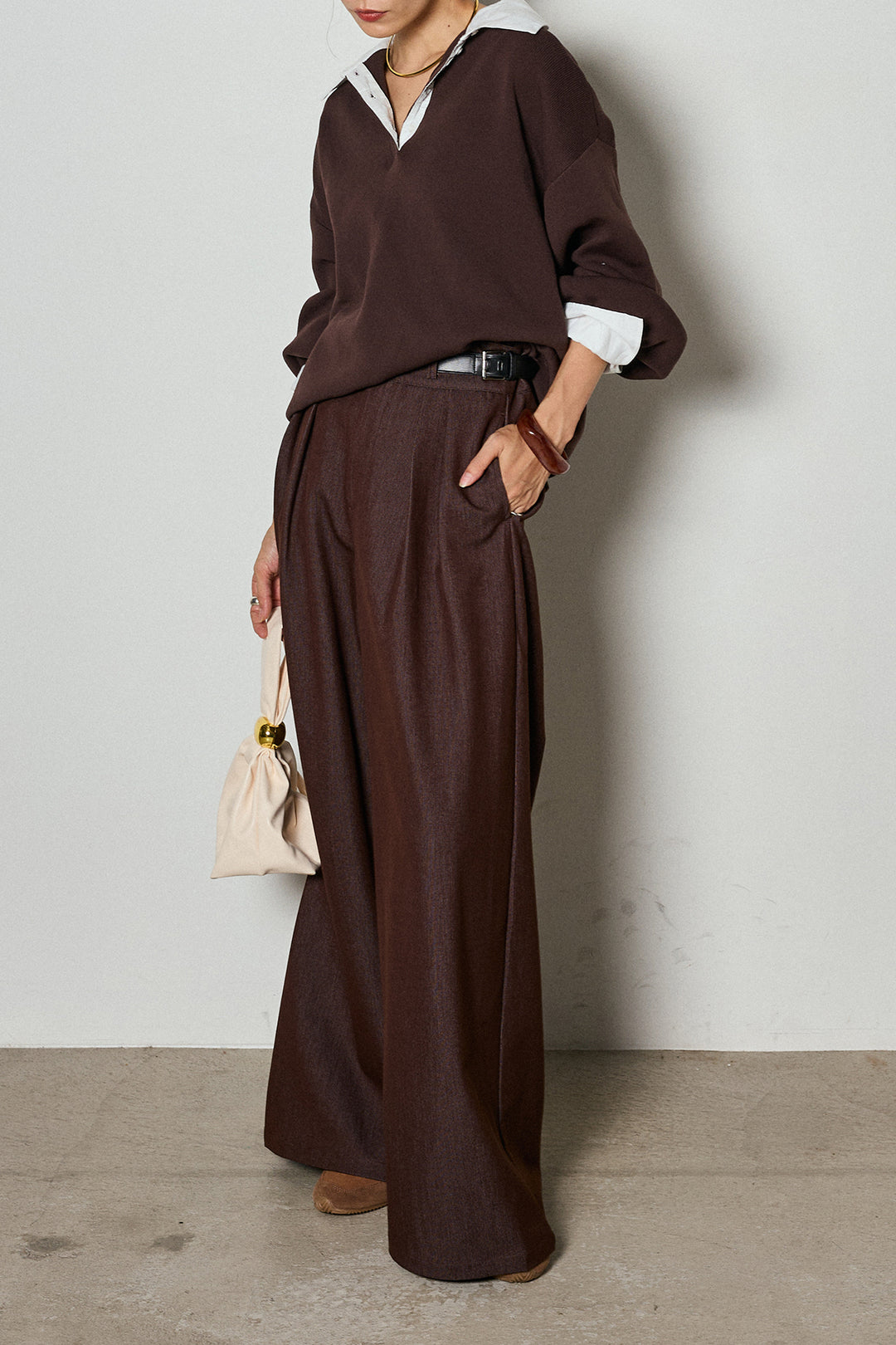 【即納】ウエストベルト付きタックワイドパンツ