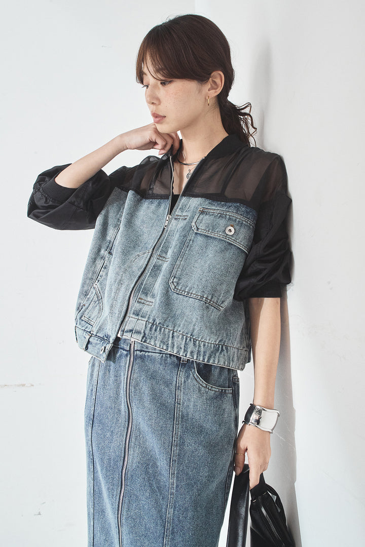 [SET]デニムコンビネーションブルゾン+フロントジップデニムスカート(2set)