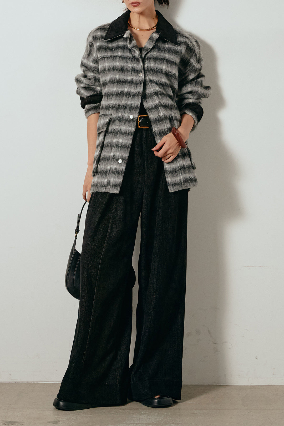 [SET]チェックシャギーミドルカバーオール+フェイクレザーベルト付きスウェードライクワイドパンツ(2set)