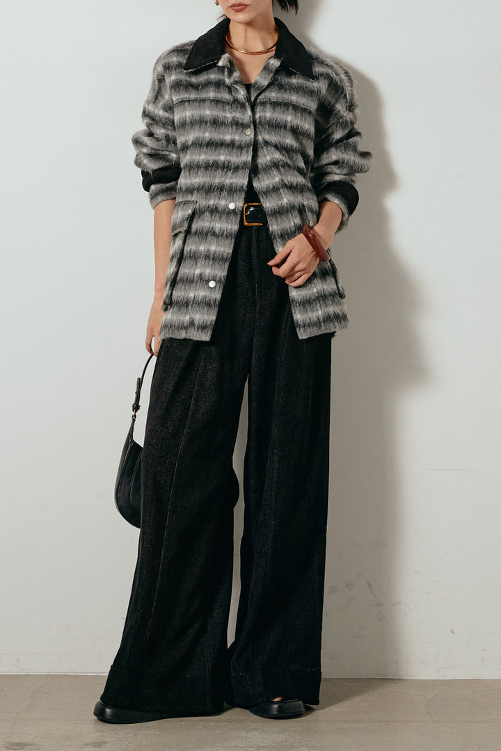 [SET]チェックシャギーミドルカバーオール+フェイクレザーベルト付きスウェードライクワイドパンツ(2set)