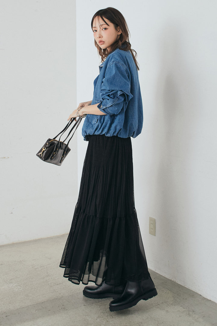 [SET]スタンドカラーデニムブルゾンジャケット+ボリュームシルエットチュールスカート(2set)