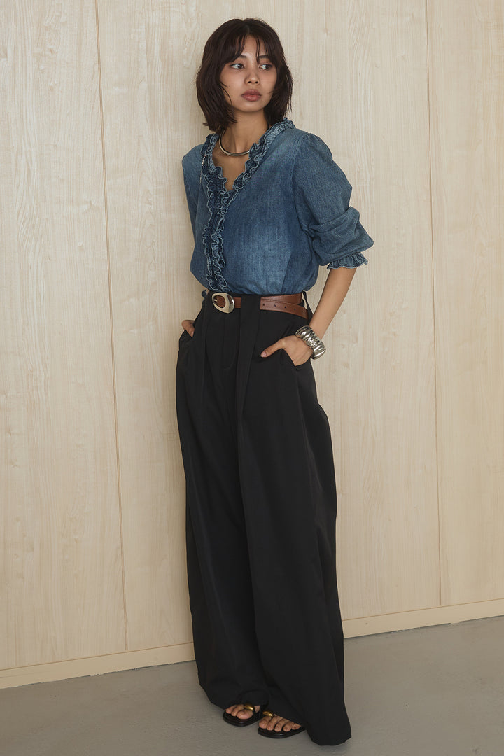 [SET]Vネックデニムフリルトップス+ベルトループデザインハイウエストタックパンツ(2set)