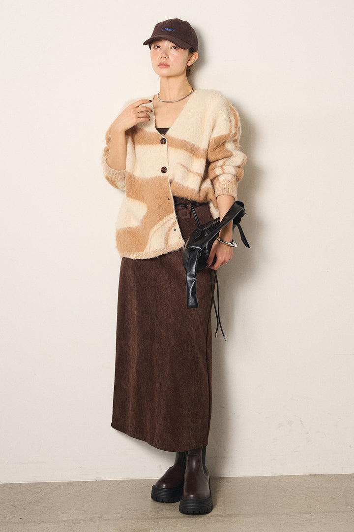 [SET]アクセントブラッシュドカーディガン+ロープベルト付きスウェード調スカート(2set)