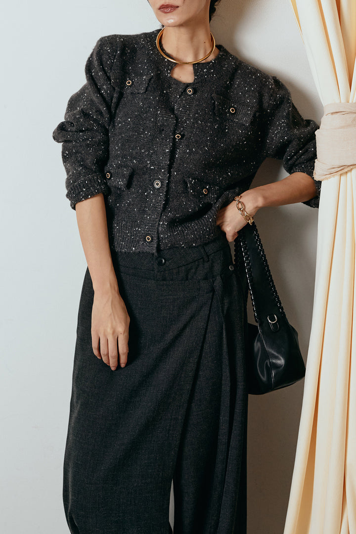 [SET]ネップニットカーディガン+ラップ巻きワイドスラックス(2set)