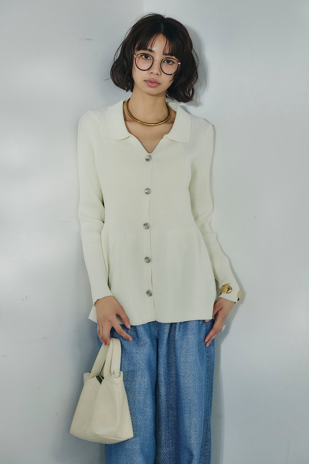 [SET]スキッパーペプラムニット+デニムライクヘリンボーンタックパンツ(2set)