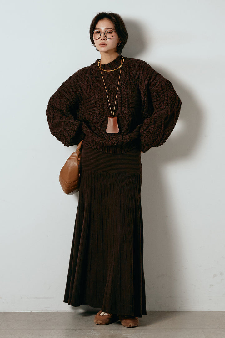 [SET]アラン柄ミックスケーブルニット+編み地切り替えフレアニットスカート(2set)