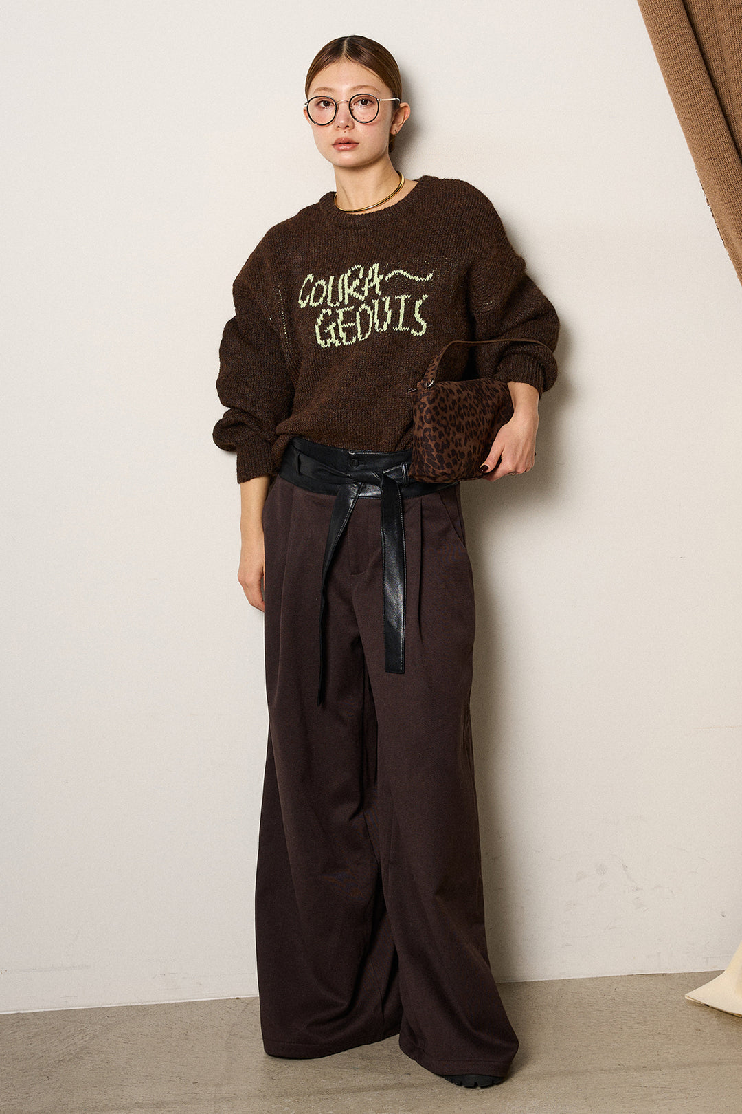 [SET]ロゴシャギーニットプルオーバー+巻ベルトウエストレザーライクワイドパンツ(2set)