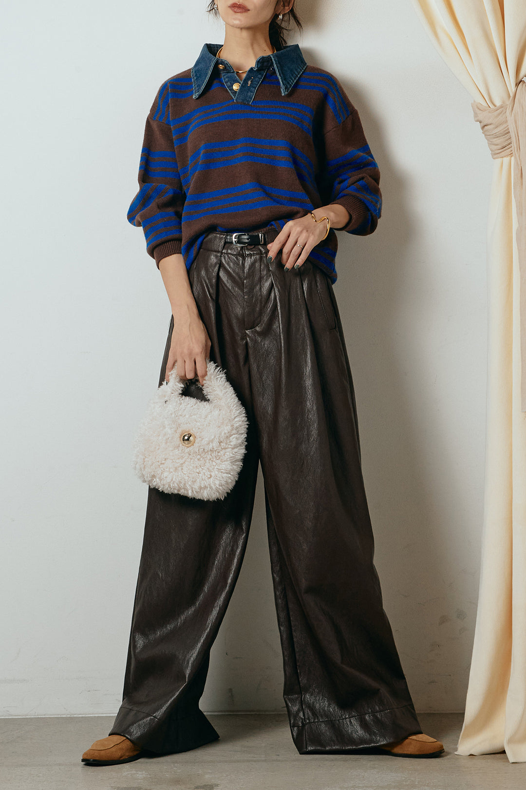 [SET]デニムレイヤード風ランダムボーダーニットプルオーバー+ベルト付きレザーライクタックパンツ(2set)