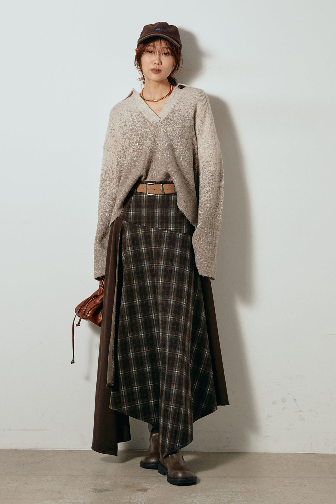 [SET]グラデーションラメニットキーネックプルオーバー+フェイクレザーベルト付き切り替えタータンチェックスカート(2set)