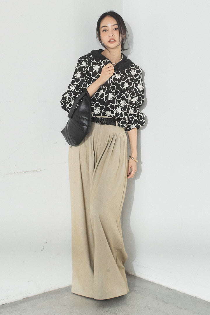 [SET]シアーフラワーフードブルゾン+編みベルト付きウエストタックワイドパンツ(2set)