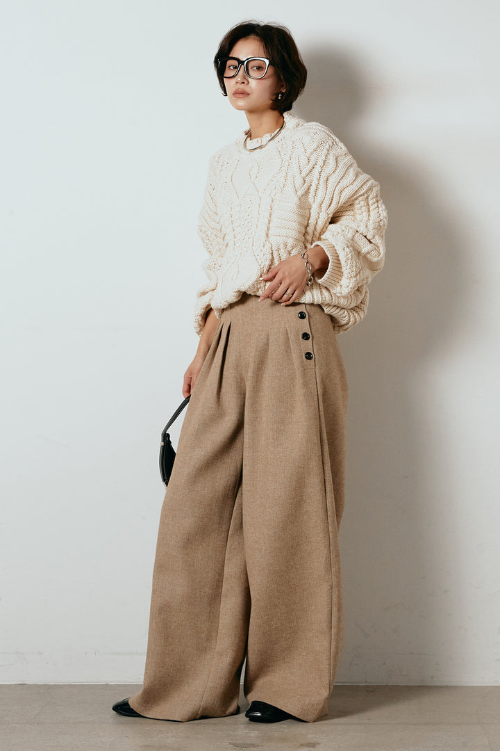 [SET]アラン柄ミックスケーブルニット+サイドボタンツイードタックパンツ(2set)