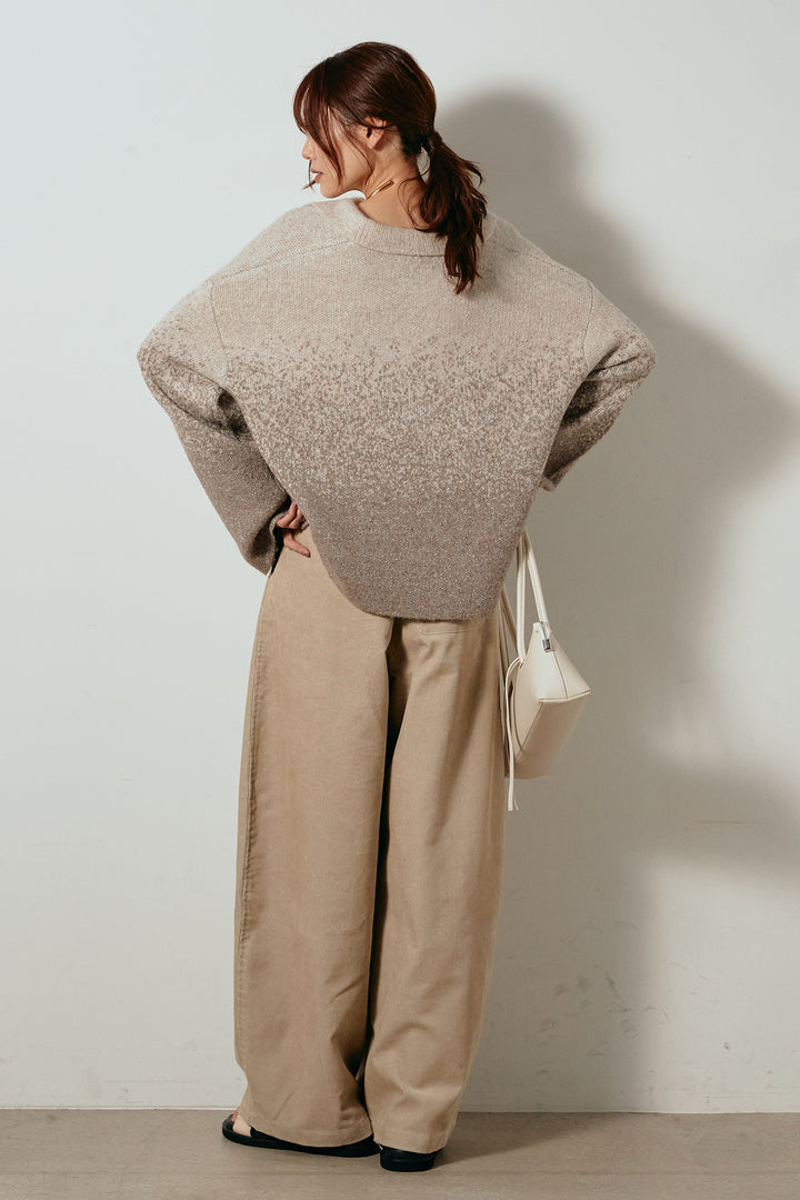 [SET]グラデーションラメニットキーネックプルオーバー+フロントタック入りコーデュロイパンツ(2set)