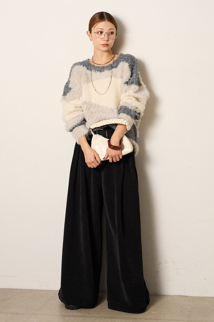 [SET]シャギーウェーブ柄クルーネックニットトップス+ベルトループコーデュロイワイドパンツ(2set)