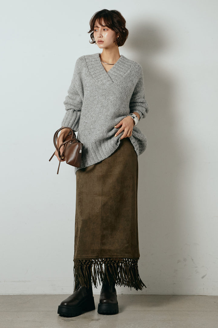 [SET]Vネックラメニットトップス+スウェードライク裾フリンジスカート(2set)