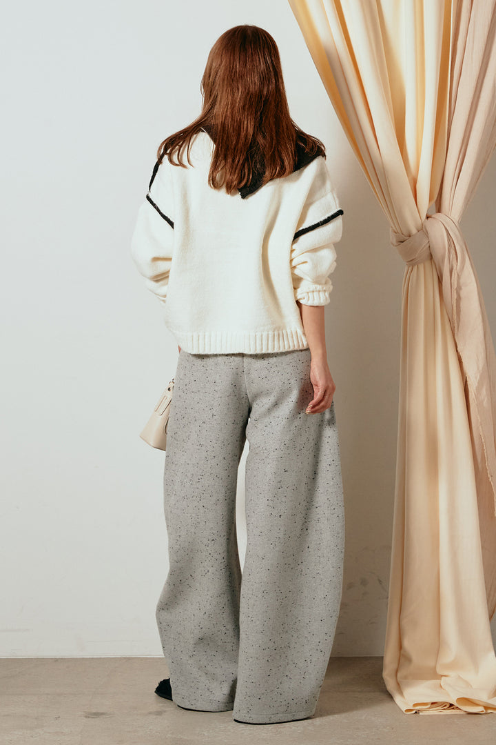 [SET]ハイネックジップデザインニットトップス+ベルト付きネップツイードカーブパンツ(2set)