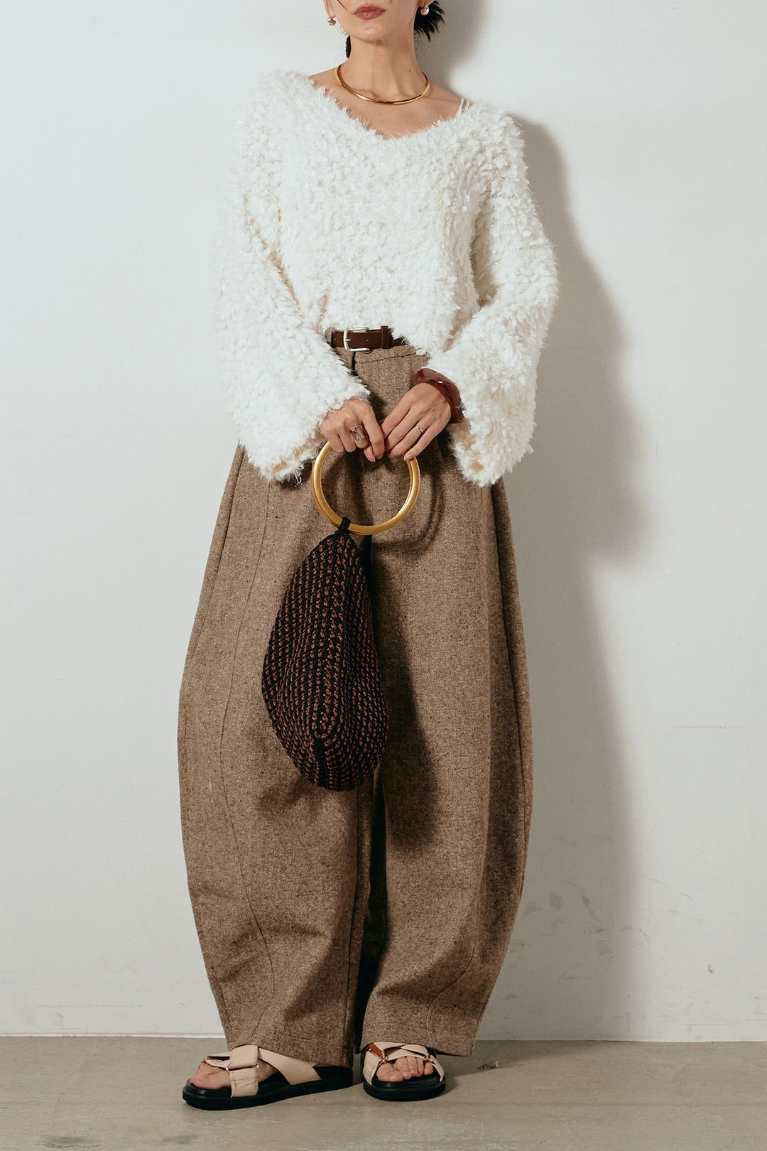 [SET]深Vネックチョウチョヤーンニットトップス+ベルト付きネップツイードカーブパンツ(2set)