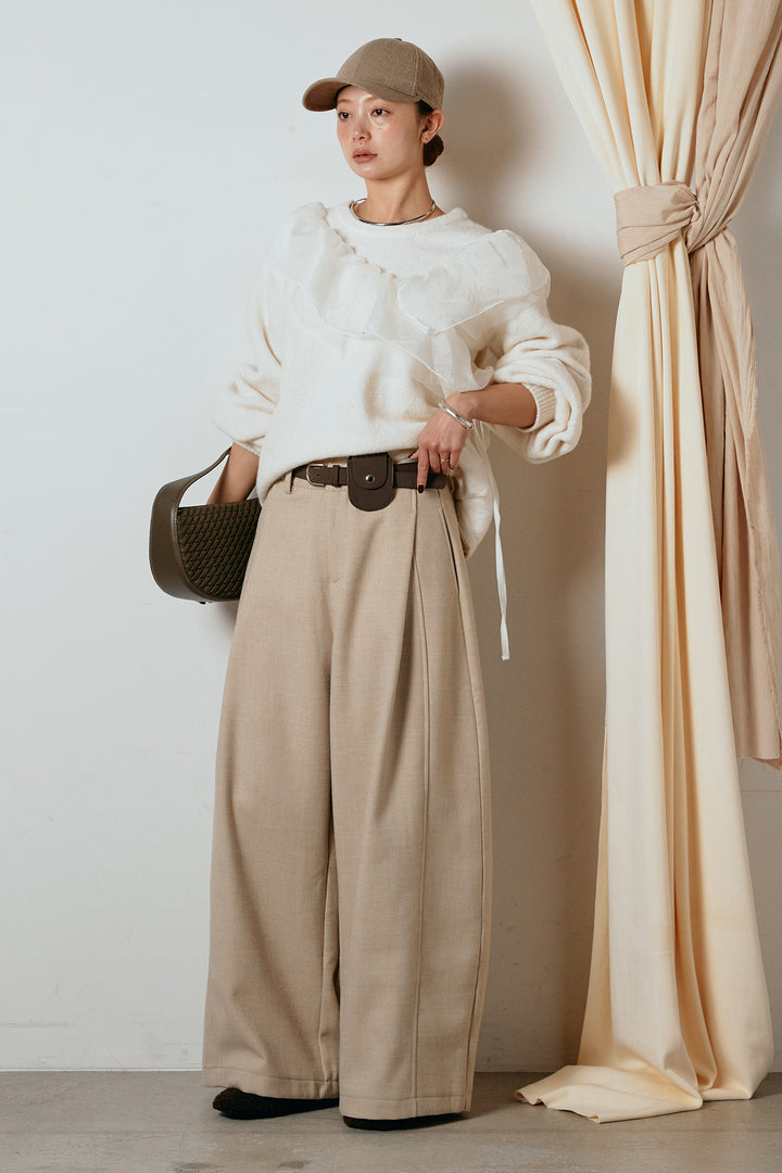 [SET]アシンメトリーフリルニットトップス+ポーチベルト付きカーブパンツ(2set)