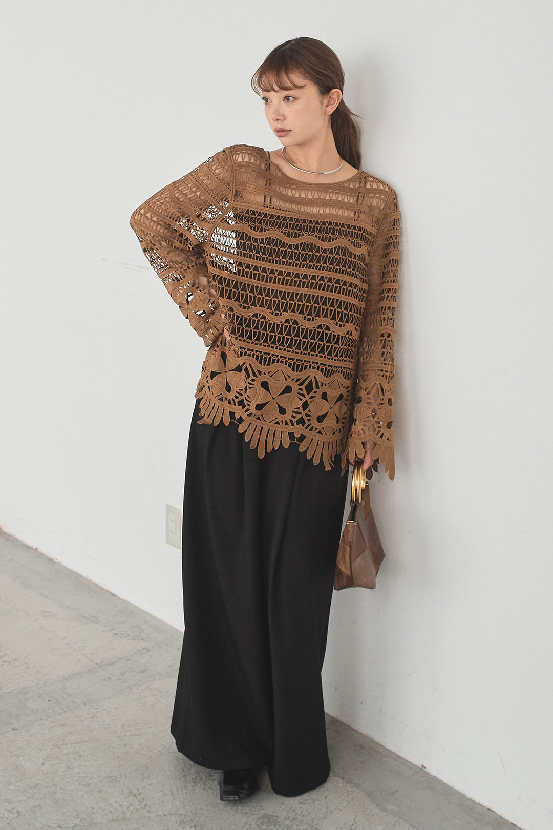 [SET]裾デザインメッシュプルオーバー+ベルト付きツータックワイドパンツ(2set)