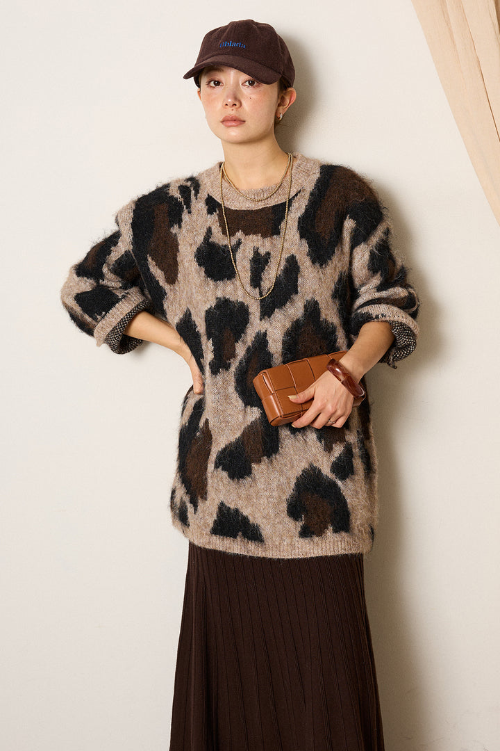[SET]ルーズアニマルモヘアニットトップス+編み地切り替えフレアニットスカート(2set)