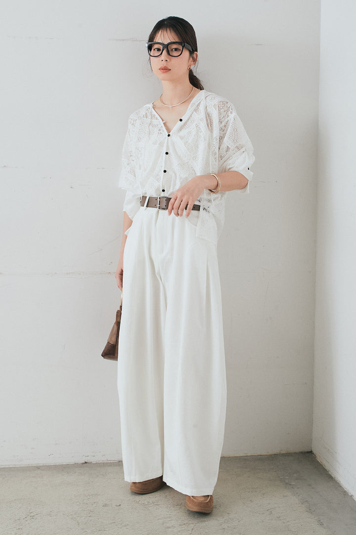 [SET]ブロックレースフード付きブラウス+ベルト付きサイドタックワイドパンツ(2set)