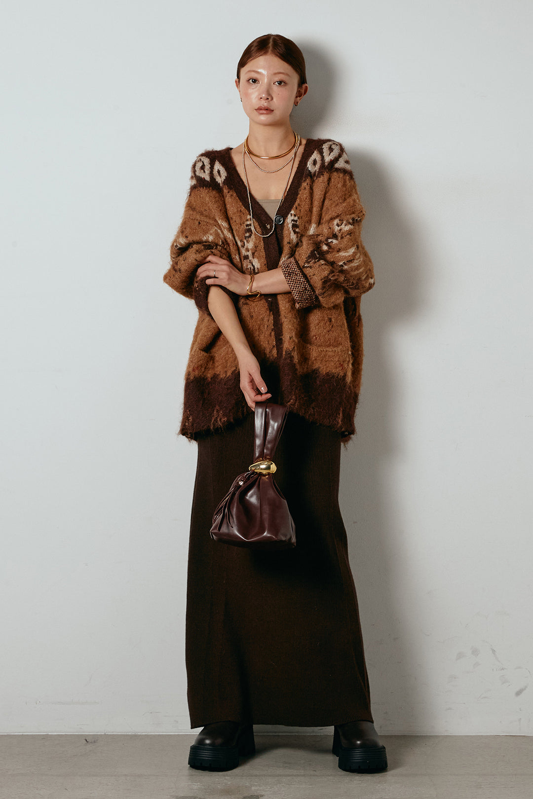 [SET]シャギーニュアンス柄ニットカーディガン+リブナローニットスカート(2set)