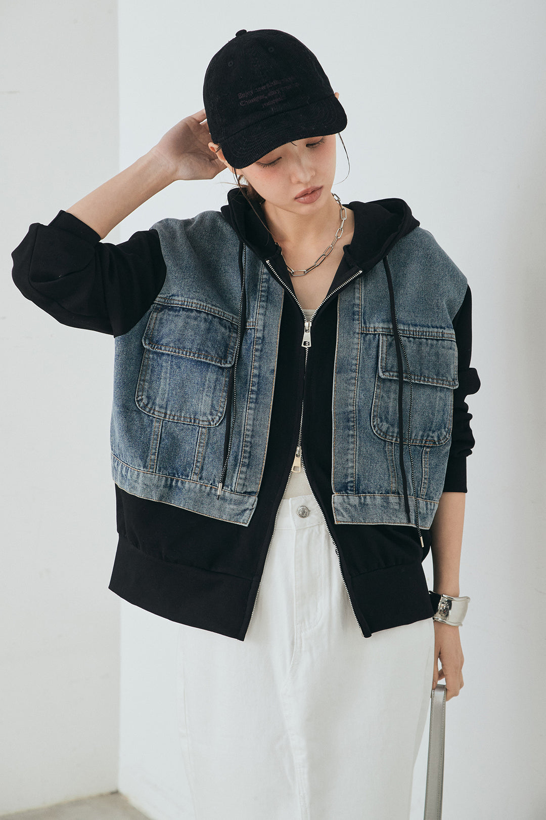 [SET]デニム切替ポンチダブルジップパーカー+裾レースデザインデニムスカート(2set)