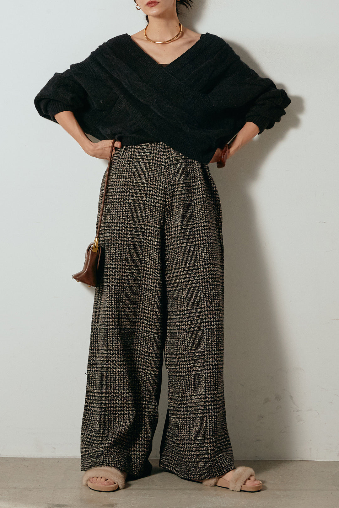 [SET]ケーブルカシュクールニットトップス+前後2wayグレンチェック柄スカーチョサロペット(2set)