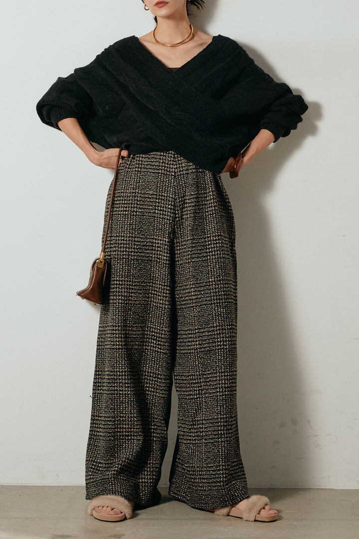 [SET]ケーブルカシュクールニットトップス+前後2wayグレンチェック柄スカーチョサロペット(2set)