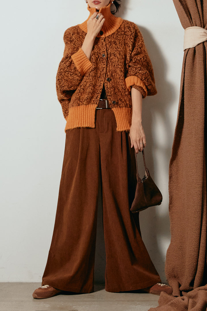 [SET]ハイネックミックスニットトップス+太ベルト付きコーデュロイタックパンツ(2set)