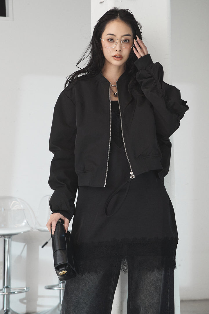 [SET]袖ギャザーデザインブルゾン+レース切り替えキャミソール+デニムアシメカーブパンツ(3set)