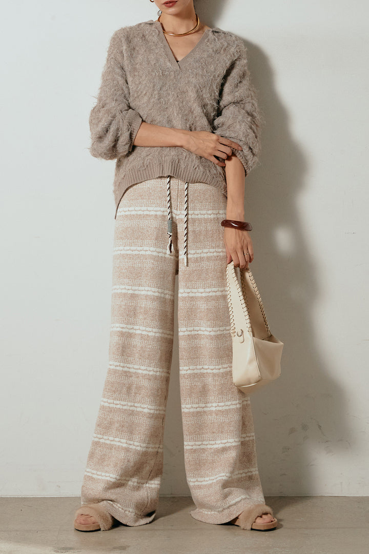 [SET]襟付きシャギーニットポロトップス+マルチライン柄リラックスニットパンツ(2set)