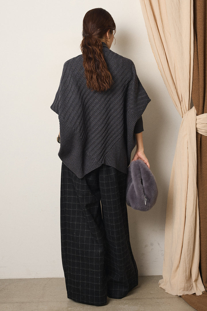 [SET]アシメデザインリブポンチョニットトップス+ウールライクチェックタックパンツ(2set)