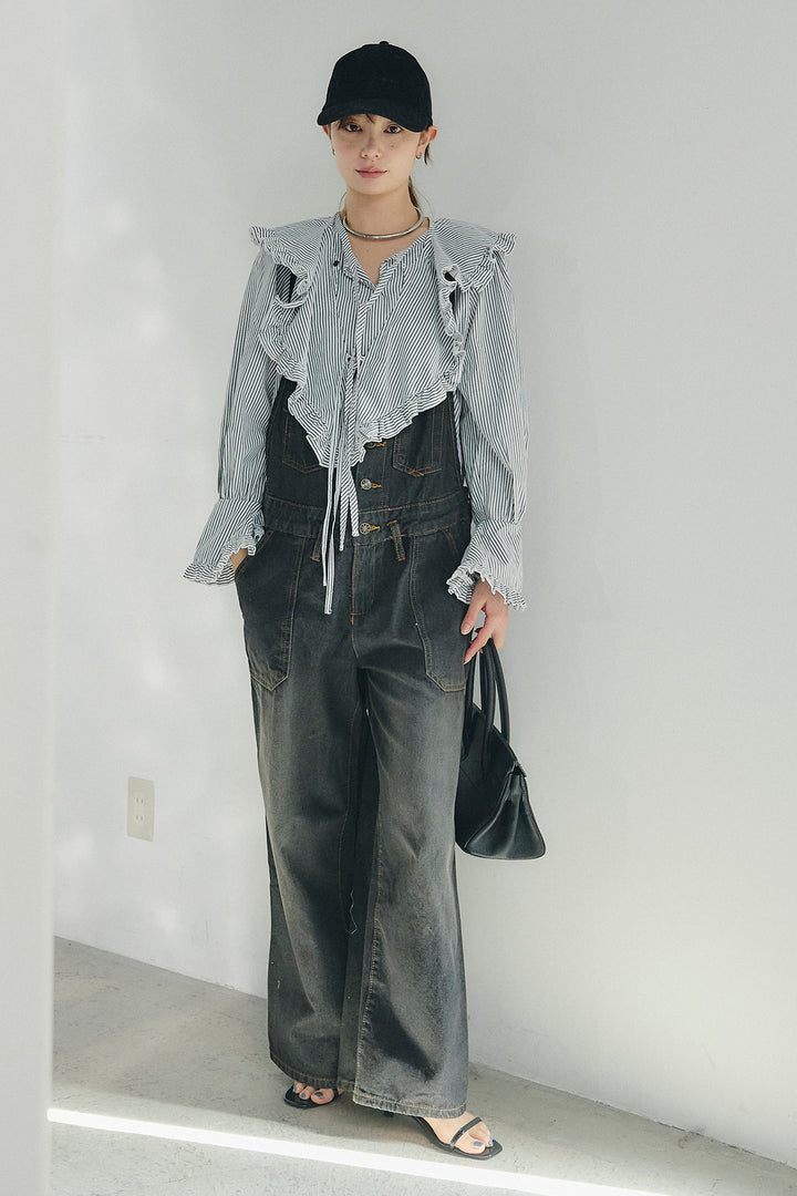 [SET]コットンフリルブラウス+デニムサロペットワイドパンツ(2set)