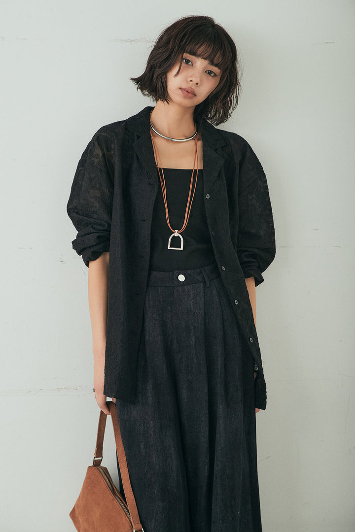 [SET]刺繍シアーオープンカラーシャツ+リネン混かすれ柄ワイドパンツ(2set)