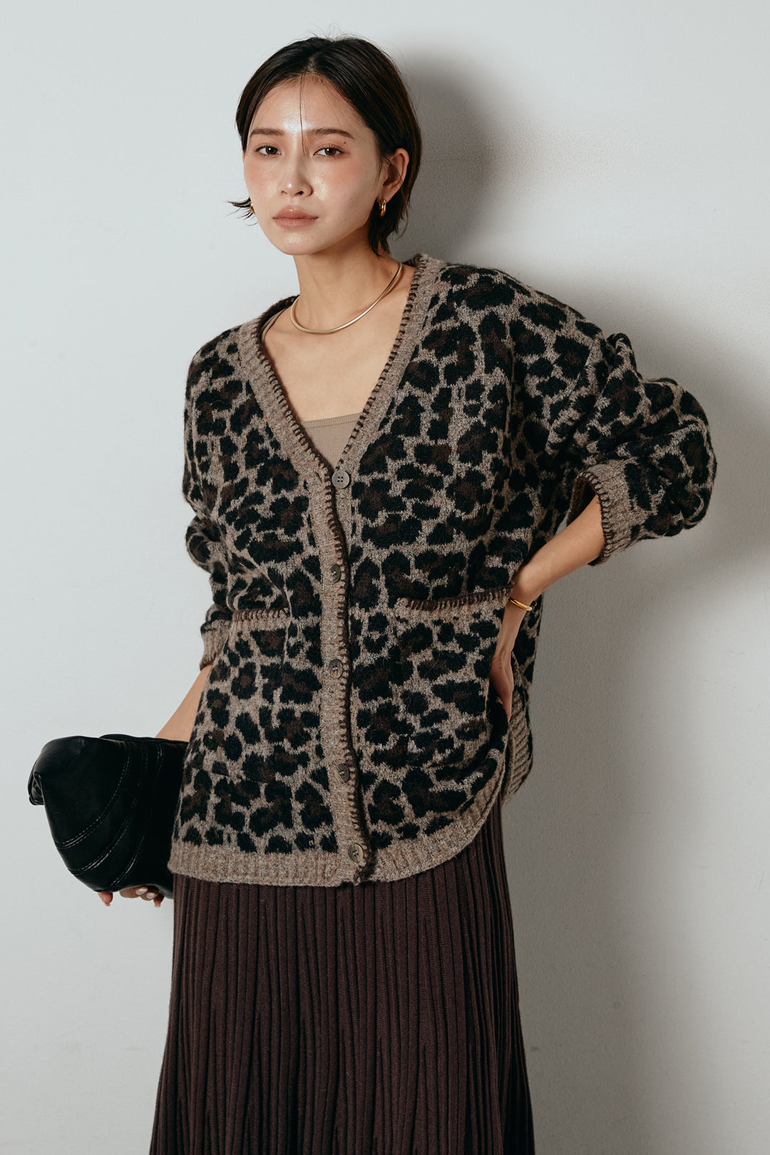 [SET]ステッチデザインレオパードニットカーディガン+リブニットフレアスカート(2set)